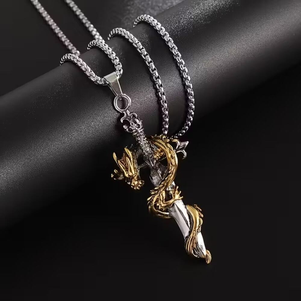Dragon Sword Pendant Necklace Fantasy Alloy Chain Gothic Medieval Jewelry